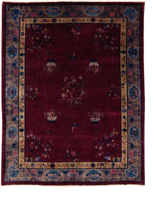 Antique Peking Handmade Chinese Floral Designed Burgundy Wool Rug