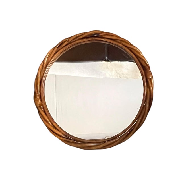 French Provincial Vintage French Twisted Rattan Round Wall Mirror, 1970s For Sale - Image 3 of 15