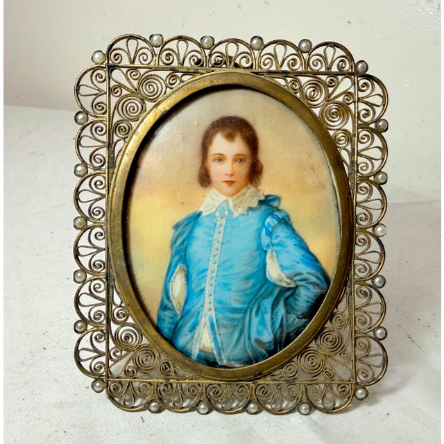 2 Sided Antique 1800's Miniature Mini Original Painting Portrait the Blue Boy For Sale In New York - Image 6 of 14