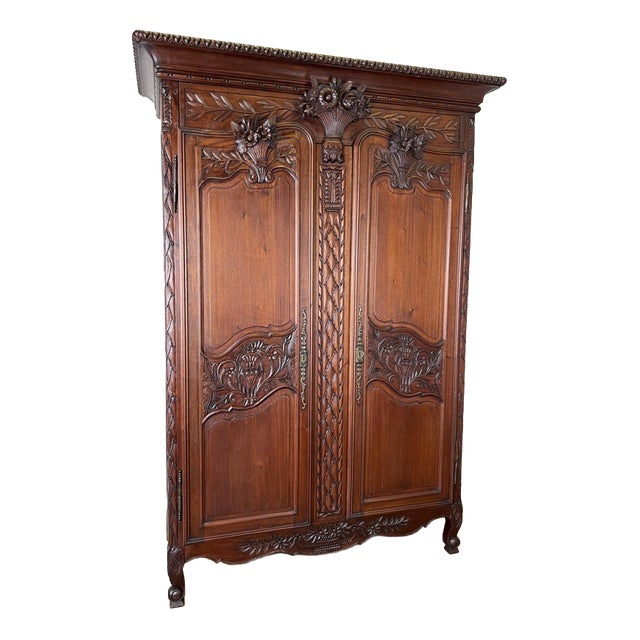 Vintage French Louis XVI Style Carved Walnut 2-Door Wardrobe For Sale