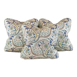 Designer Vicki Payne Free Spirit Aqua Gray Green Ivory Purple Modern Botanical Paisley Leaves Pillow Covers - 3 Piece Set For Sale