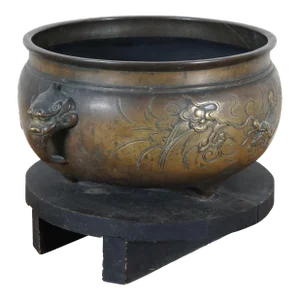 Antique Chinese Bronze Phoenix Dragon Tropod Censer Bowl Incense Burner