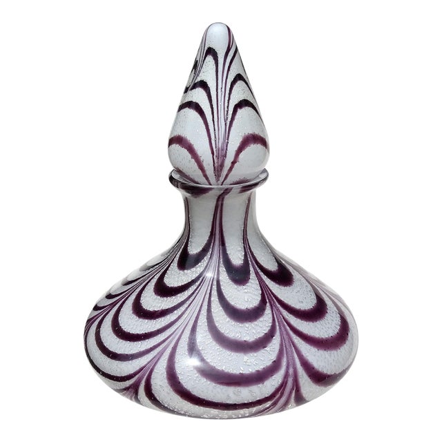 Murano Vintage Silver Flecks Purple Fenicio Pulled Feather Italian Art Glass Mid Century Decanter For Sale