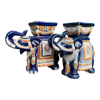 Vintage Blue Glazed Elephant Planters, Pair For Sale