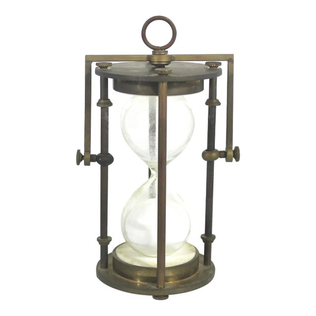 1950s Vintage Brass Hourglass or Egg Timer With Glass and Sand Ornamental Office or Kitchen Decor For Sale