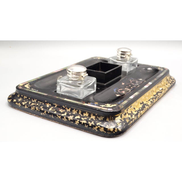 Victorian Antique English Double Inkwell Desk Organizer For Sale - Image 3 of 12