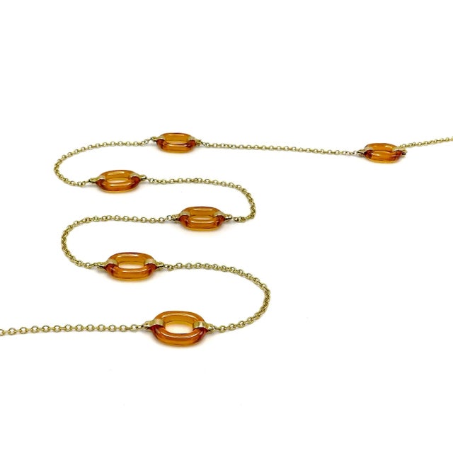 Modern 1970s 14k Gold and Amber Glass Oval Link Station Necklace Chain For Sale - Image 3 of 9