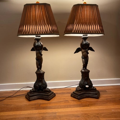 Antique Large Bronze Cherub Lamps a Pair