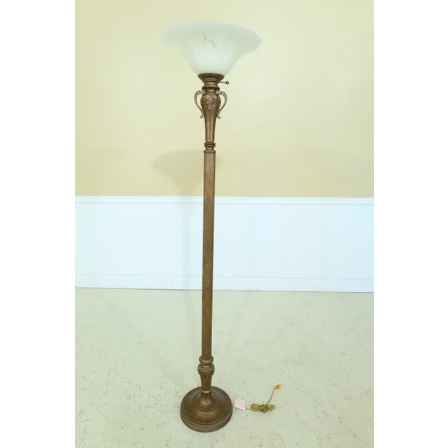 French Style Metal Torch Lamp W. Frosted Shade For Sale In Philadelphia - Image 6 of 6