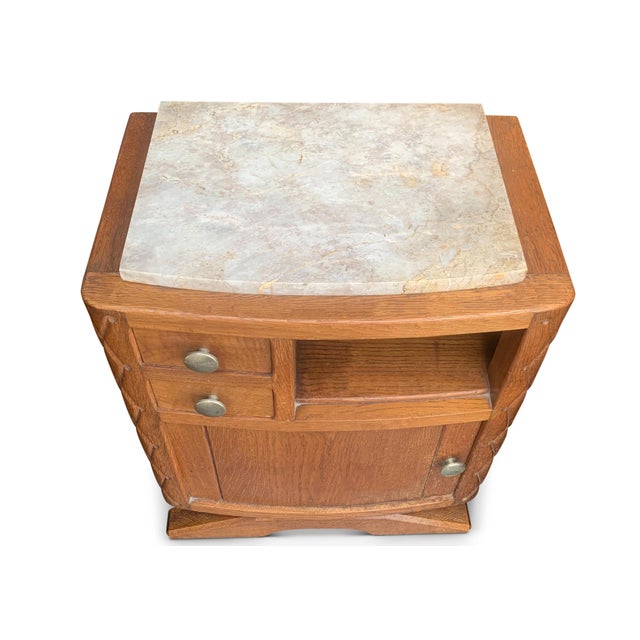 Art Deco Nightstands in Limed Oak with Carved Oak Marble Top, 1930s, Set of 2 For Sale - Image 4 of 5