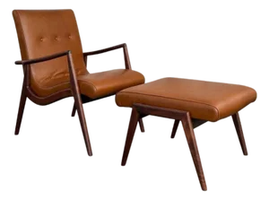 1950s Mid-Century Modern Walnut and Leather Lounge Chair Ottoman Set by Mel Smilow