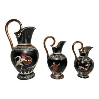 Set of Three Vintage Classic Greek Mythology Copper Painted Water Pitchers For Sale