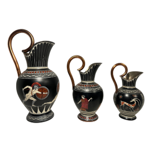 Set of Three Vintage Classic Greek Mythology Copper Painted Water Pitchers