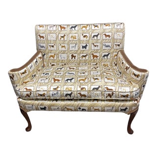 1960s Baker Queen Anne Style Settee Upholstered in Stroheim Roman Dog Print Fabric With Mohair Back For Sale