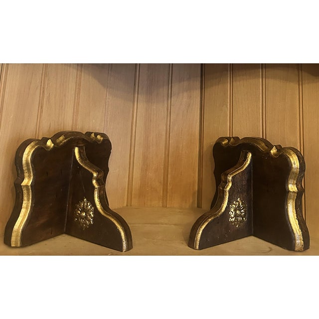 Vintage Solid Wood Carved Ornate Wall Shelves Set of 2 Gold Metal Detail 1970s This vintage set of 2 solid wood carved...