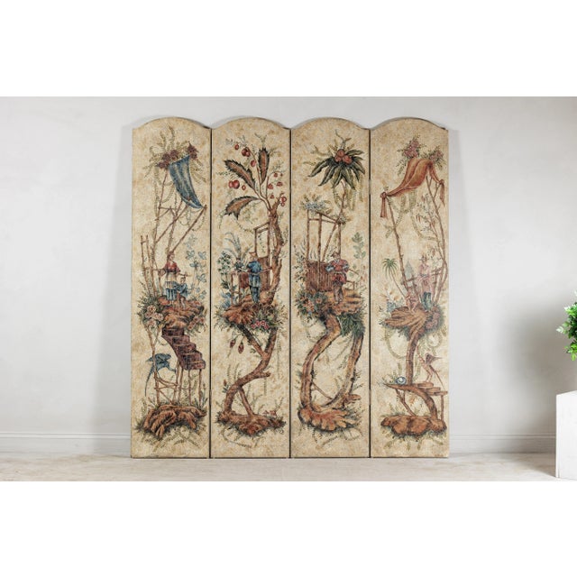 Late 20th Century Four-Panel Scalloped Folding Screen with Painted Chinoiserie Motifs For Sale - Image 5 of 12
