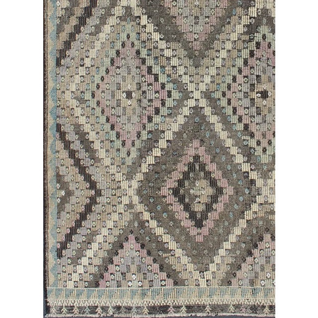 Mid 20th Century Mid 20th Century Vintage Turkish Flat Weave With Diamond Design in Gray Black Lavender & Green For Sale - Image 4 of 13