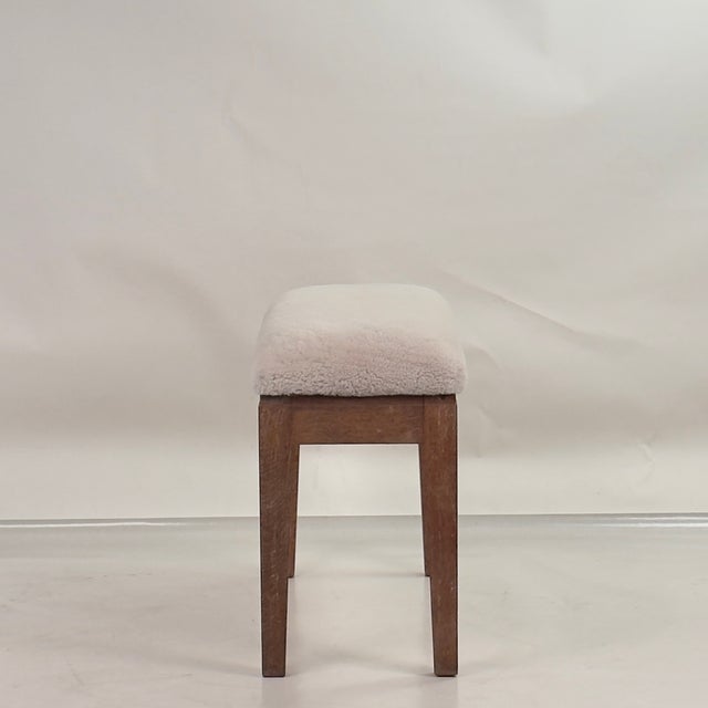 Elegant small French 40's Cerused Oak and Shearling Bench. Great piece for a small space or where a small bench is needed.