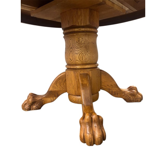 Farmhouse 1992 Amish Solid Oak Claw Feet Pedestal Dining Table by Walter of Wabash With Extension Leaf For Sale - Image 3 of 10