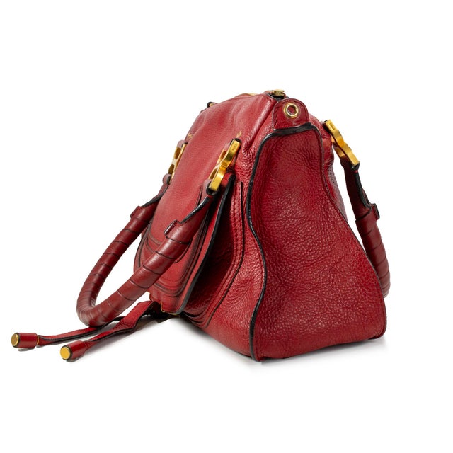 Chloé Marcie Red Pebbled Leather Gold Tone Hardware Satchel Top Handle Handbag For Sale - Image 4 of 16