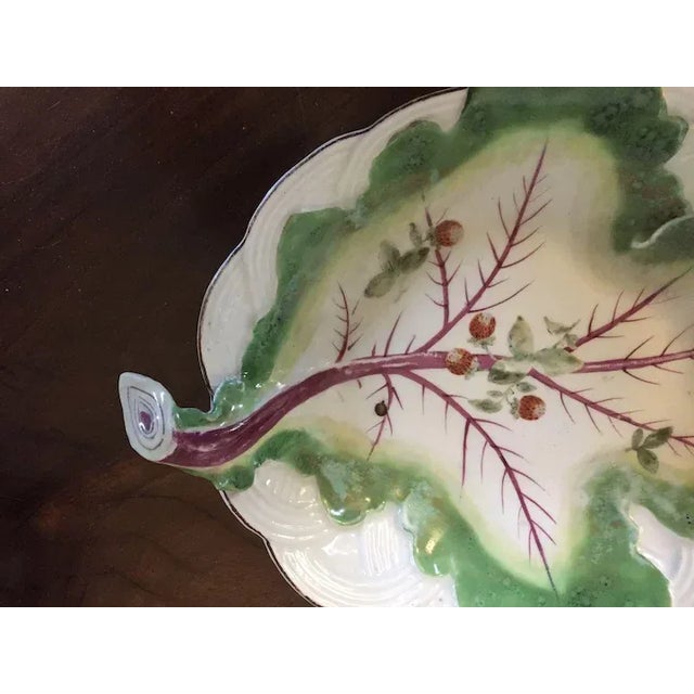 1755 Antique Georgian Chelsea Porcelain Cabbage Leaf Dish Plate with Basketweave Border For Sale - Image 10 of 11
