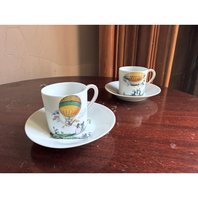 Ceramic Mid 19th Century, Victorian Revival, Limoges France, Hot Air Balloon Demitasse Cup and Saucer - Pair For Sale - Image 7 of 11