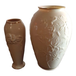 1960s Lenox Usa Porcelain Embossed Beige Vases - Set of 2 For Sale