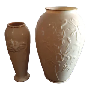 1960s Lenox Usa Porcelain Embossed Beige Vases - Set of 2
