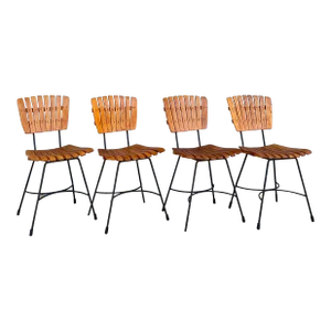 Slatted Wood + Wrought Iron Dining Chairs by Arthur Umanoff for Raymor