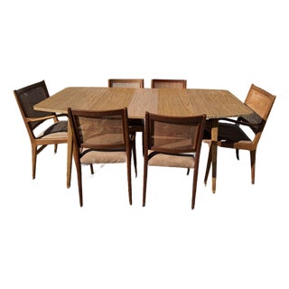 Mid Century Modern Dux Swedish Dining Set – Drop Leaf Table + 6 Cane Back Chairs For Sale