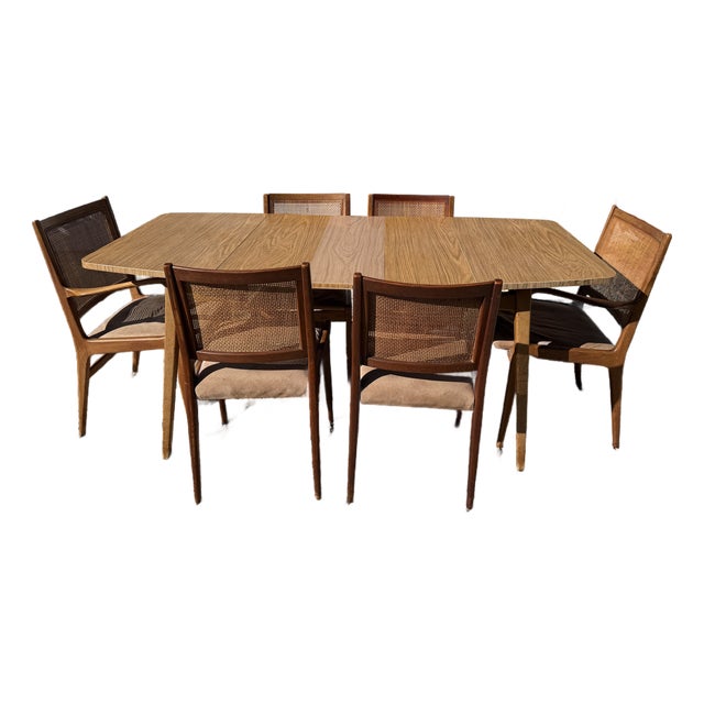 Mid Century Modern Dux Swedish Dining Set – Drop Leaf Table + 6 Cane Back Chairs For Sale