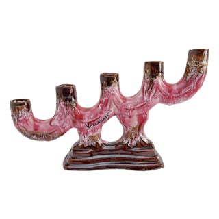 Brutalist Style Pink and Brown Ceramic Drip Glaze Candelabra from Vallauris, 1960s For Sale