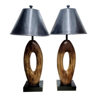 Vintage Extra Tall Organic Wood and Bone Mid Century Modern Open Oval Black Shade Table Lamps - a Pair For Sale