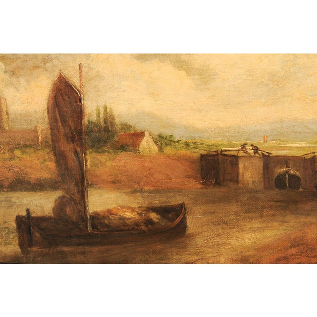 European Riverside Village Painting, 19th C For Sale - Image 9 of 13