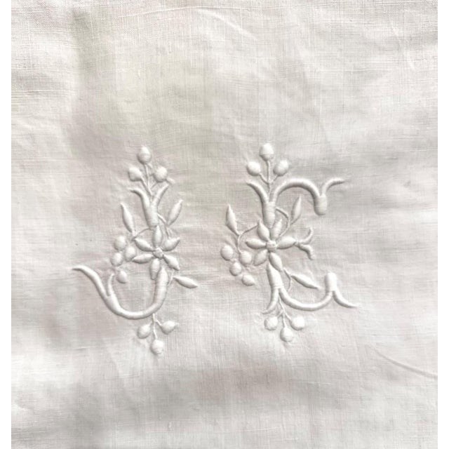 French Antique French Linen Sheet, Jc Floral Monogram, Hand Embroidered Fine Linen, Circa 1900 For Sale - Image 3 of 11
