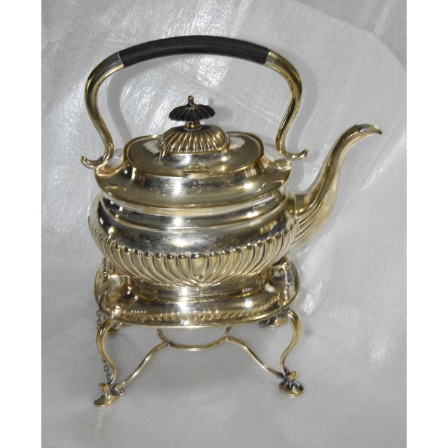Art Deco Sheffield Silver Plate Locking Tilting Kettle on Stand W/ Burner For Sale - Image 3 of 9