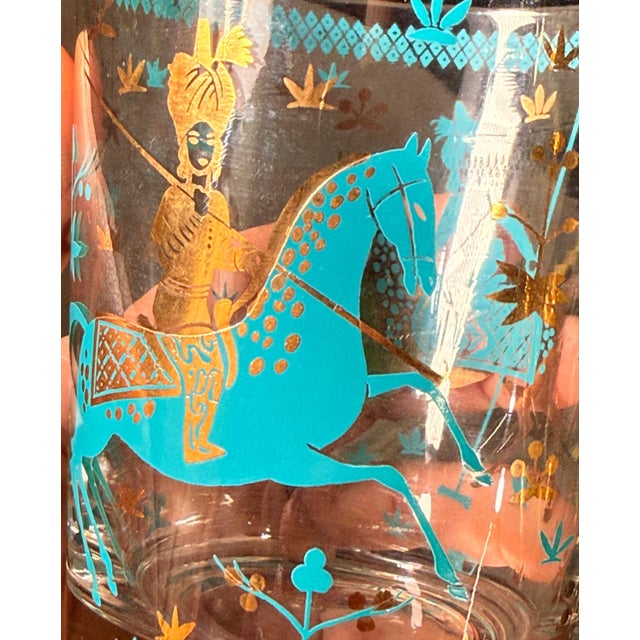 Culver Ltd. Mid Century Cera Persian Polo Equestrian Rocks Glasses in Turquoise and Gold c.1960s - Set of 4 For Sale - Image 4 of 8