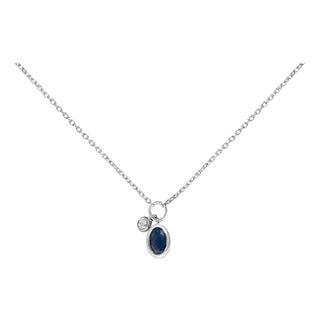 10K White Gold Oval Blue Sapphire and Diamond Double Charm Pendant Necklace - 18" Inches For Sale