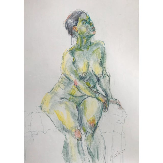 Large original drawing of a nude woman by Betti Watt, circa 2009. Colored pencil and ink. Pencil signed at bottom right. A...