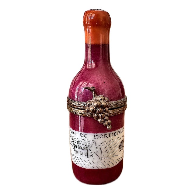 Vintage Limoges Hand-Painted "Vin De Bordeaux" Wine Bottle Trinket Box For Sale