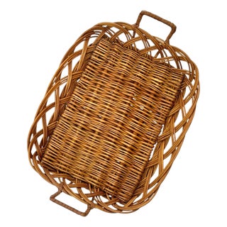 Vintage French Provincial Wicker Woven Basket Two Handle Gallery Tray For Sale