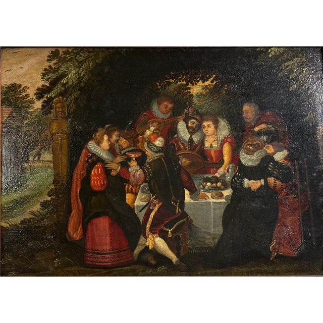 Flemish School, 17th century, Attributed to David Vinckboons (1576-1629) An elegant company feasts with musicians under a...