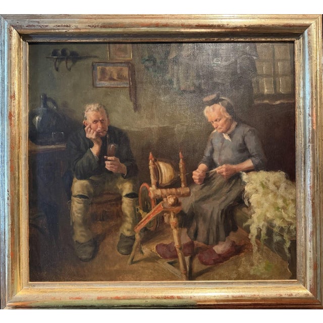 Karl Bauer, Pipe and Spinning Wheel, Oil Painting on Canvas, in Very Good conditions. Designed 1890 to 1919 This piece is...
