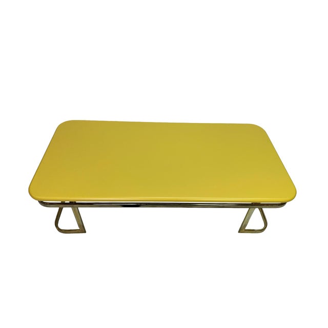 1970s Lane Furniture Lemon Yellow Lacquered Wood Coffee Table With Brass-Tone Metal Base For Sale - Image 13 of 13
