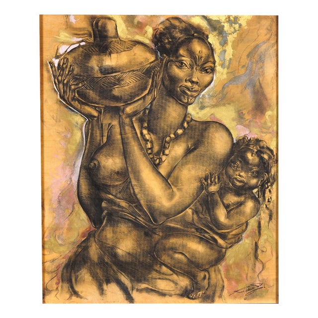 African School Artist, Mother and Child, 1970s, Mixed Media Painting For Sale