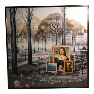 1984 "Collector" Surrealist Style Figurative Offset Lithograph After Hiro Yamagata, Framed