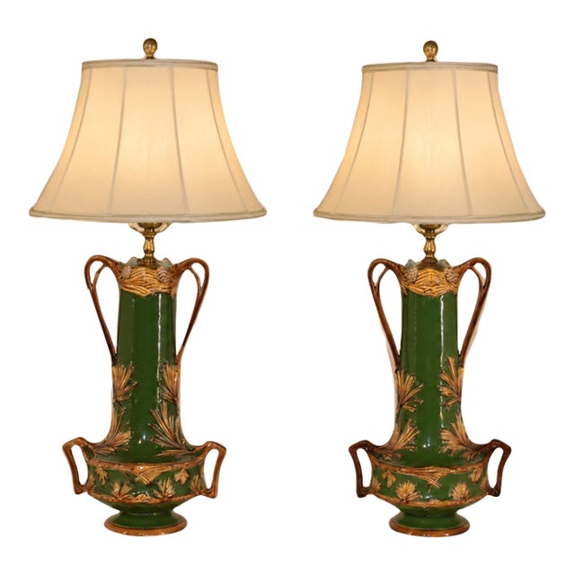 19th Century Art Nouveau Majolica Lamps - Pair For Sale