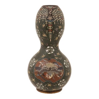Japanese Cloisonne Enamel Meiji Gourd Vase With Phoenix Dragon and Shishi For Sale