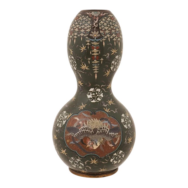 Japanese Cloisonne Enamel Meiji Gourd Vase With Phoenix Dragon and Shishi For Sale
