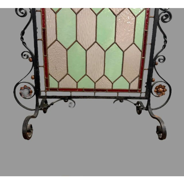 Antique Wrought Iron & Leaded Glass Fire Screen For Sale - Image 6 of 8